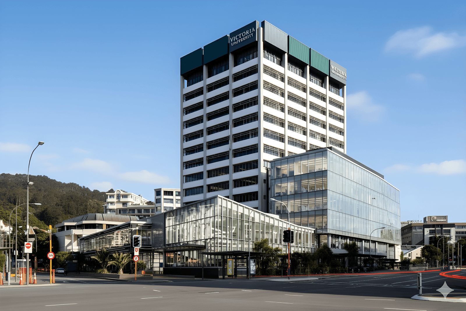 Architectural photograph of Rutherford House at dusk, with illuminated glass façade and Victoria University signage